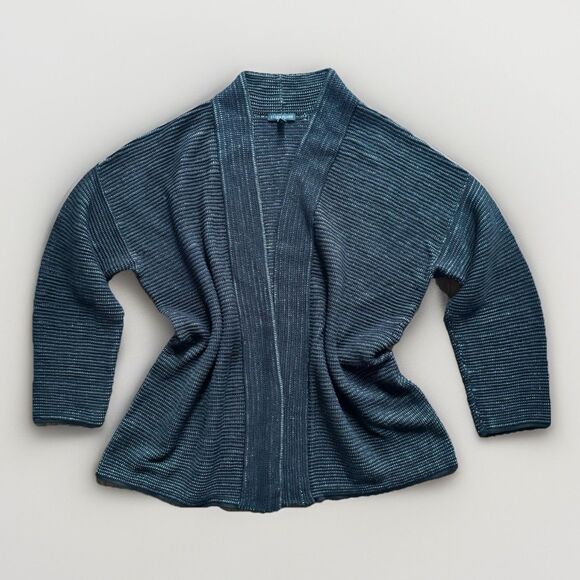 Eileen Fisher Cardigan Sweater Silk Linen Black open Front Size Large - Picture 1 of 12